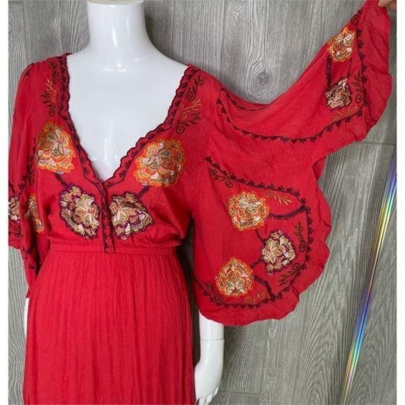 Free People Cora Coral Red Embroidered flutter sleeve beach summer Dress XS - Picture 6 of 10